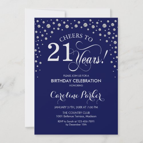 21st Birthday Party Invitation _ Silver Navy Blue