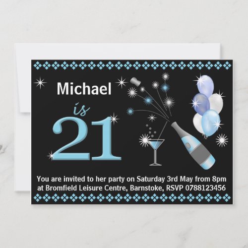 21st Birthday Party Invitations - Black &amp; Blue