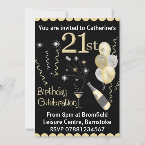 21st Birthday Party Invitations - Black &amp; Gold