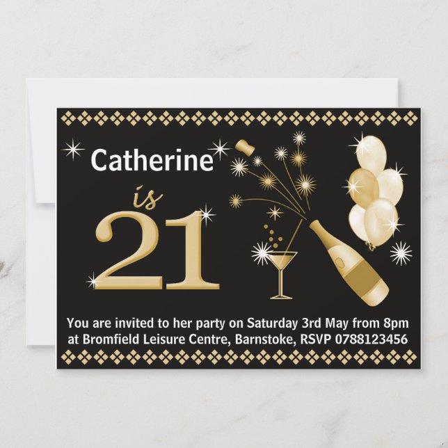 21st Birthday Party Invitations - Black & Gold (Front)