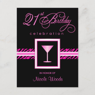 21st Birthday Party Invitations - Hot Pink Zebra