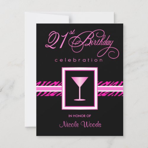 21st Birthday Party Invitations - Hot Pink Zebra