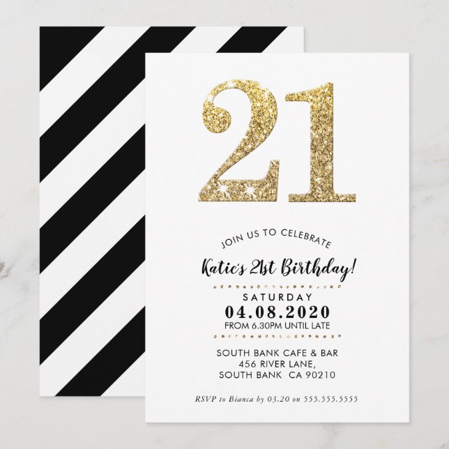 21ST BIRTHDAY PARTY INVITE modern gold glitter (Front/Back)