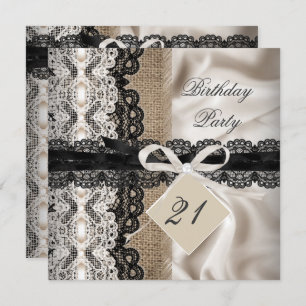 21st Birthday Party Lace Rustic Burlap Silk Invitation