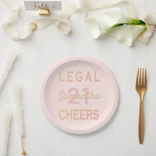 21st birthday party legal cheers rose gold pink paper plates