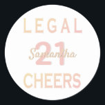 21st birthday party legal cheers rose gold white classic round sticker<br><div class="desc">A sticker for a 21st birthday party. Personalize and add a name and age 21. Golden and rose gold,  pink colored letters.  A chic white background color.  The text: Legal and Cheers in bold golden and rose gold.</div>