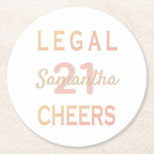 21st birthday party legal cheers rose gold white round paper coaster
