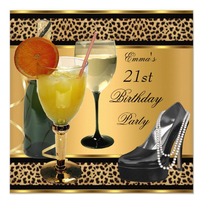 21st Birthday Party Leopard Drinks Shoe Invitations