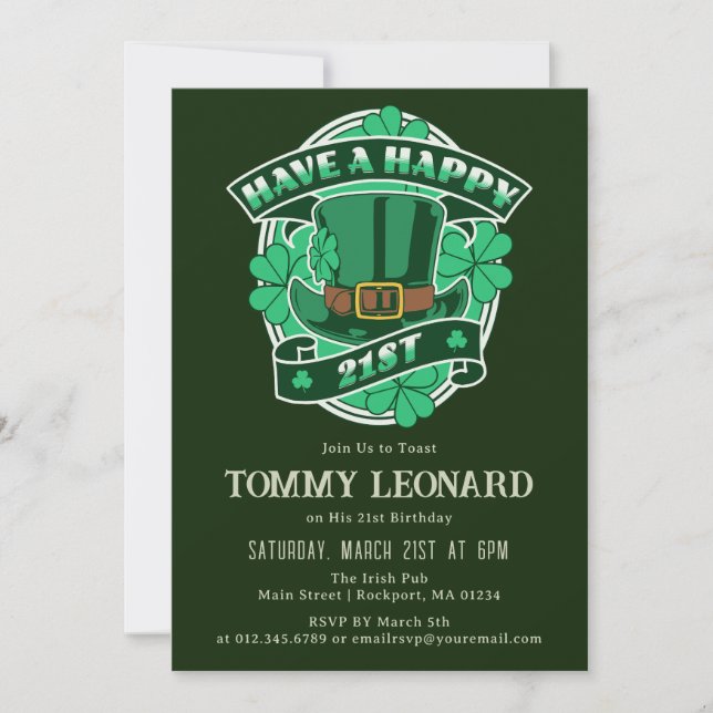 21st Birthday Party Leprechaun Hat Shamrock Irish Invitation (Front)