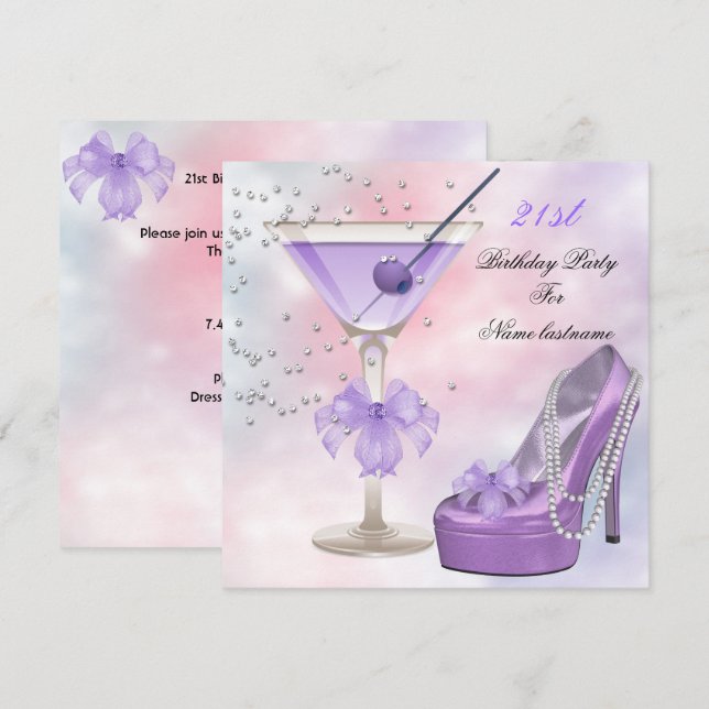 21st Birthday Party Lilac Martini Purple Pink Invitation (Front/Back)
