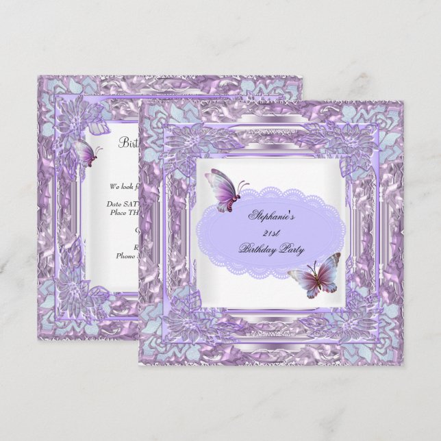 21st Birthday Party Lilac White Butterfly Invitation (Front/Back)