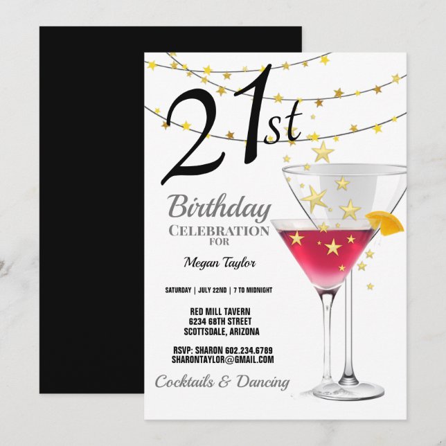 21st Birthday Party, Martini Glasses Gold Glitter Invitation (Front/Back)