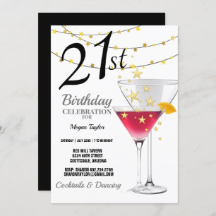21st Birthday Party, Martini Glasses Gold Glitter Invitation