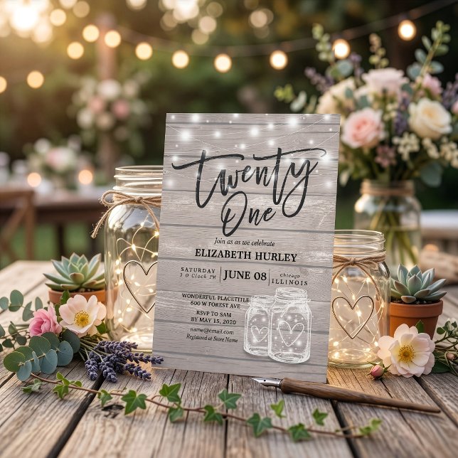 21st Birthday Party Mason Jars String Lights Wood Invitation (Creator Uploaded)
