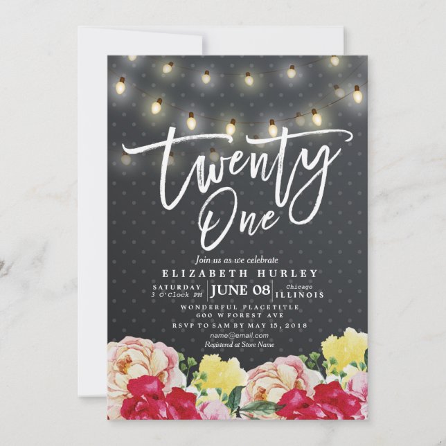 21st Birthday Party Modern Flowers String Lights Invitation (Front)