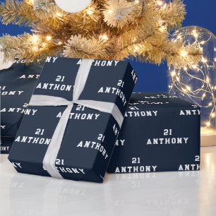 21st Birthday Party Name Navy Blue Modern Pattern Wrapping Paper