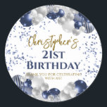 21st Birthday Party Navy Balloons Classic Round Sticker<br><div class="desc">A gorgeous 21st birthday party or celebration favor sticker. This fabulous navy blue and silver balloons design is the perfect  way to decorate your favor bags for an 21st celebration or twenty-first birthday party.</div>