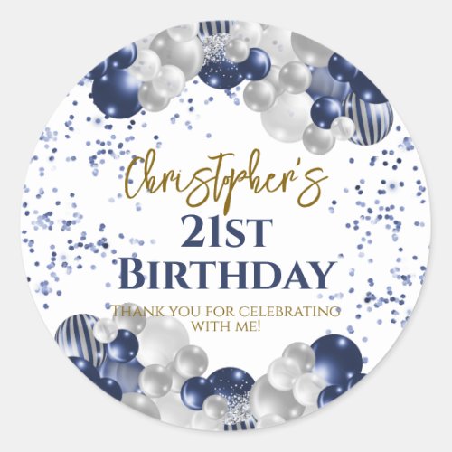 21st Birthday Party Navy Balloons Classic Round Sticker
