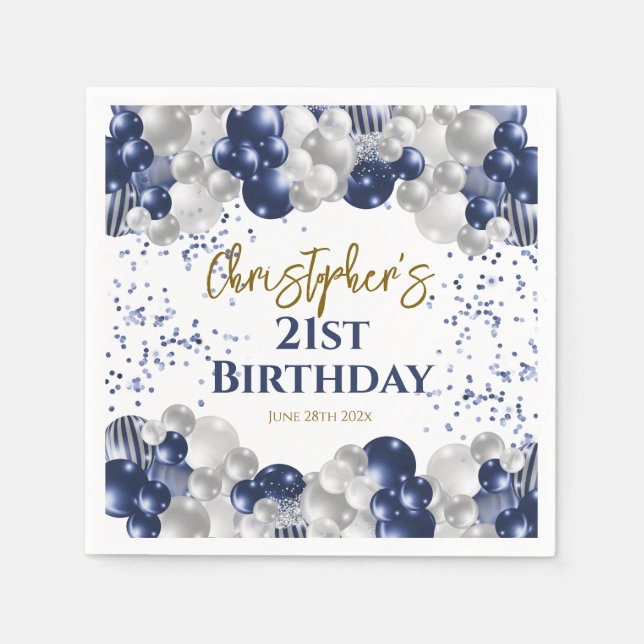 21st Birthday Party Navy Balloons Napkins (Front)