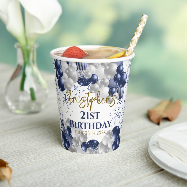 21st Birthday Party Navy Balloons Paper Cups (Insitu)