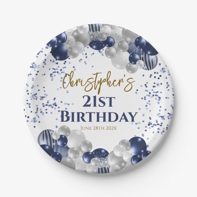 21st Birthday Party Navy Balloons Paper Plates (Front)