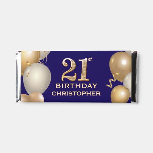 21st Birthday Party Navy Blue and Gold Balloons Hershey Bar Favors