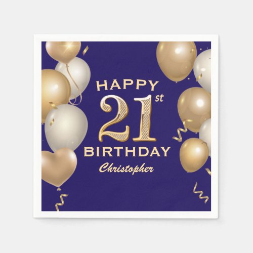 21st Birthday Party Navy Blue and Gold Balloons Napkins