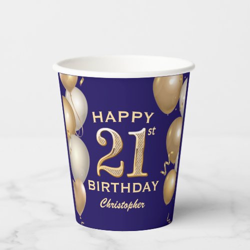 21st Birthday Party Navy Blue and Gold Balloons Paper Cups
