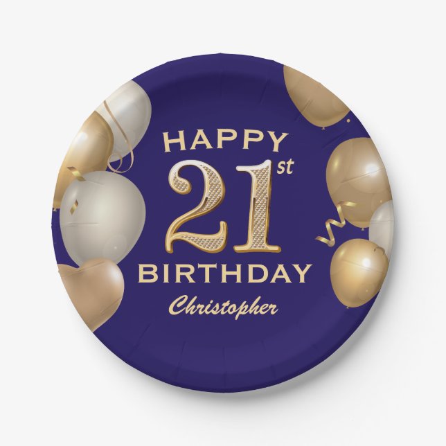 21st Birthday Party Navy Blue and Gold Balloons Paper Plates (Front)