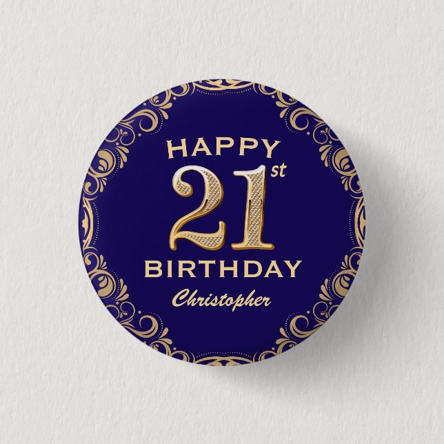 21st Birthday Party Navy Blue and Gold Glitter Button (Front)
