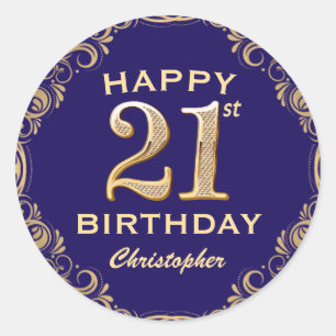 21st Birthday Party Navy Blue and Gold Glitter Classic Round Sticker