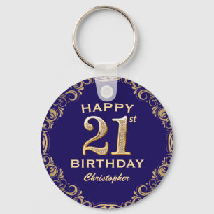 21st Birthday Party Navy Blue and Gold Glitter Keychain