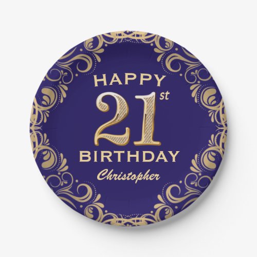 21st Birthday Party Navy Blue and Gold Glitter Paper Plates