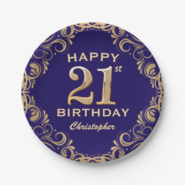 21st Birthday Party Navy Blue and Gold Glitter Paper Plates (Front)