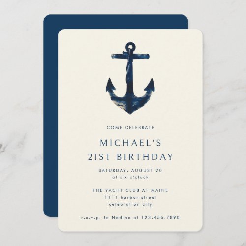 21st Birthday Party Navy Blue Nautical Anchor Invitation