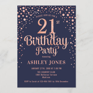 21st Birthday Party - Navy & Rose Gold Invitation