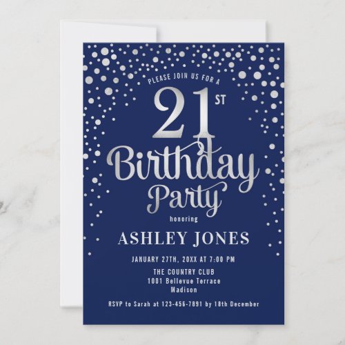 21st Birthday Party _ Navy  Silver Invitation