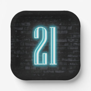 21st Birthday Party Neon Sign on Brick Paper Plates