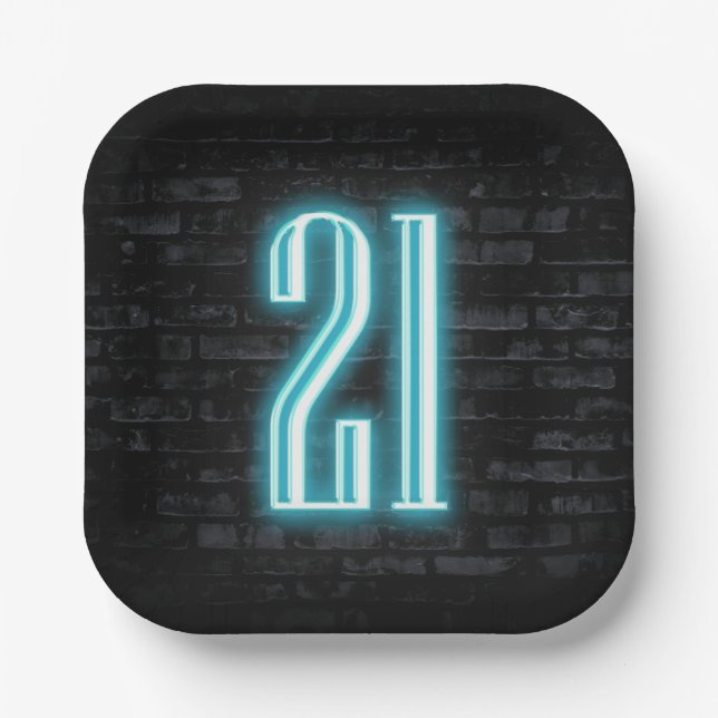 21st Birthday Party Neon Sign on Brick   Paper Plates (Front)