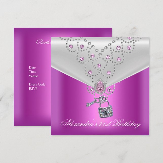21st Birthday Party Overlay Pink Jewel Key Lock 2 Invitation (Front/Back)