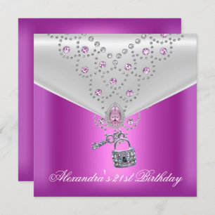 21st Birthday Party Overlay Pink Jewel Key Lock 2 Invitation