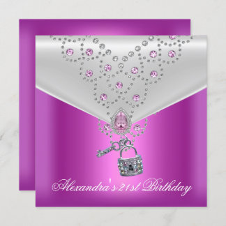 21st Birthday Party Overlay Pink Jewel Key Lock 2 Invitation
