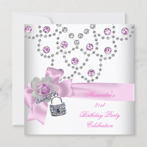 21st Birthday Party Overlay Pink Jewel Key Lock Custom Invitations