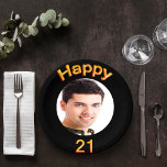 21st birthday party photo black gold balloons paper plates<br><div class="desc">A paper plate for a 21st birthday party for guys. Template for your photo.  Black background and the text: Happy 21.  The text is written with a trendy faux gold balloon script.</div>