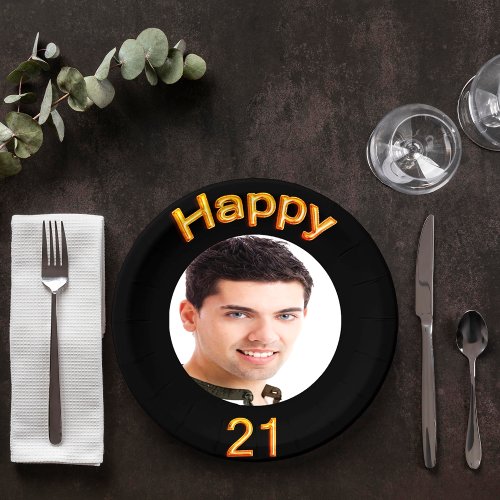 21st birthday party photo black gold balloons paper plates