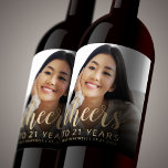 21st Birthday Party Photo Cheers Wine Label<br><div class="desc">This custom 21st birthday wine label features the guest of honor's personalized photo,  name,  and birthday,  along with the word "Cheers" in elegant gold-colored calligraphy script. A dark screen helps make the text pop. A great way to celebrate someone who's turning 21!</div>