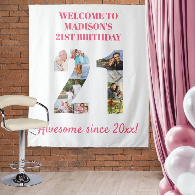 21st Birthday Party Photo Collage Backdrop Pink (Creator Uploaded)