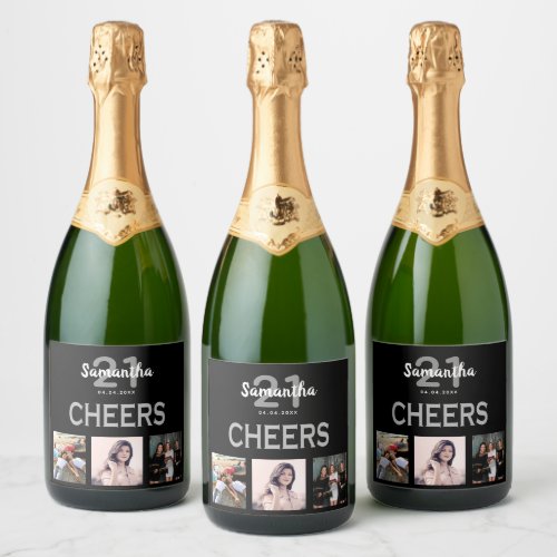 21st birthday party photo collage black cheers sparkling wine label