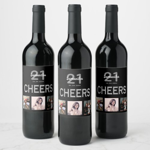 21st birthday party photo collage black cheers wine label