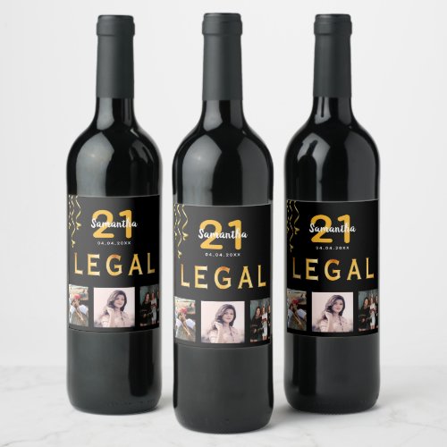 21st birthday party photo collage black legal gold wine label